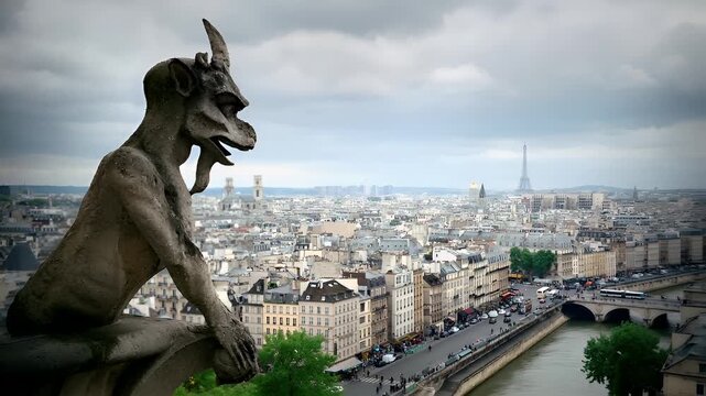 Paris, France. Aerial view of Paris from NotreDame Cathedral with gargoyle statue and Eiffel Tower in the background. The sky is partly cloudy.