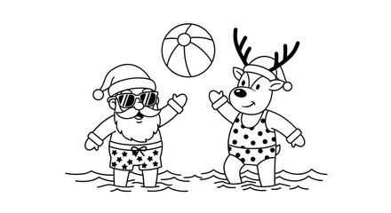 Fototapeta premium Santa claus and rudolph play beach volleyball on a sunny day