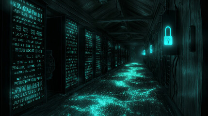 Hyper realistic illustration of server room featuring glowing data panels and illuminated locks, creating futuristic and secure atmosphere. floor is adorned with shimmering light pattern