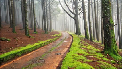 Naklejka premium A stunning nature photograph of a forest trail, with green moss and red fallen leaves contrasting beautifully