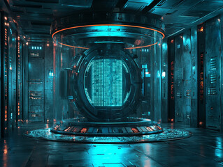 Futuristic digital vault features glowing AI core surrounded by intricate technology. room is illuminated with blue and orange lights, creating high tech atmosphere