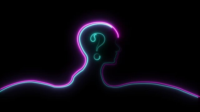 Glowing neon line Human head with question mark icon on black background. Neon glowing question mark with man head icon on black background.