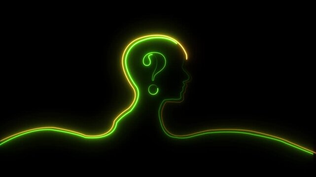 Colorful Glowing neon line Human head with question mark icon on black background. Human icon concept. Neon glowing question mark with man head icon on black background. 4k