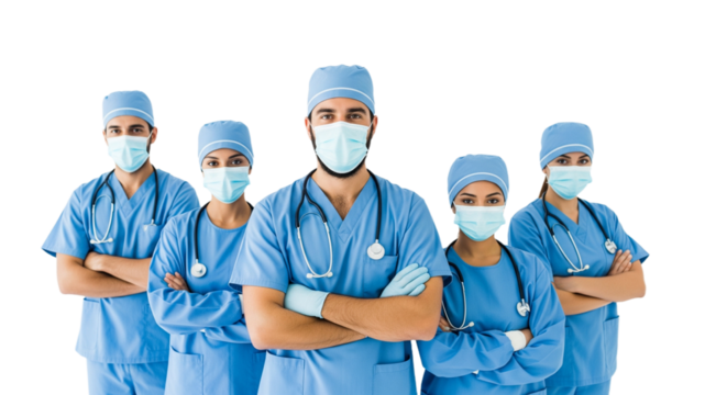 United Healthcare Professionals: Diverse Medical Team in Blue Scrubs & Face Masks Standing Confidently on White Background