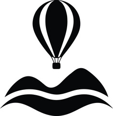 Black silhouette of a hot air balloon floating above stylized mountain peaks isolated on white background