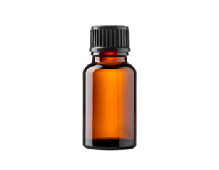 An empty 10ml essential oil diffuser blank amber bottle isolated on a transparent background.