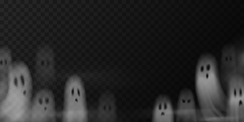 Spooky Halloween background with transparent flying ghosts and smoky effect. Scary, creepy silhouettes, floating ghostly figures in fog. Overlay effect, transparent decoration, border, background.