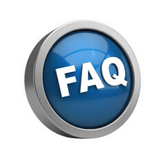 Blue circular button with the letters faq in white, isolated on transparent background