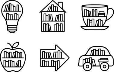 Bookshelves Shaped Like Objects Creative Vector Icon Set