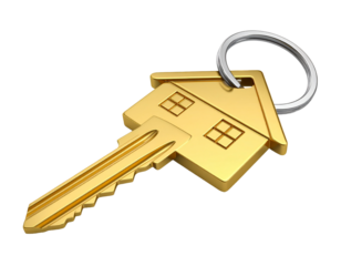 Golden house shaped key with key ring on transparent background