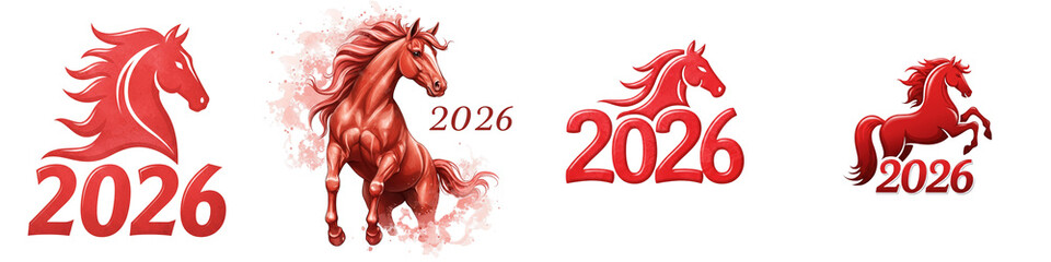 Set of isolated 2026 Year of the Red Horse symbols in red  