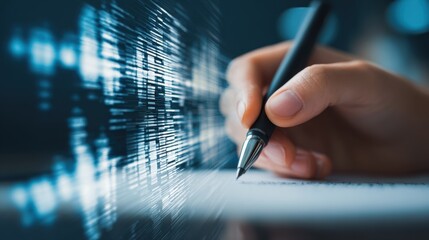 Medium view showing a person using a digital pen to annotate compliance scripts recording booth materials blurred beyond the hand.