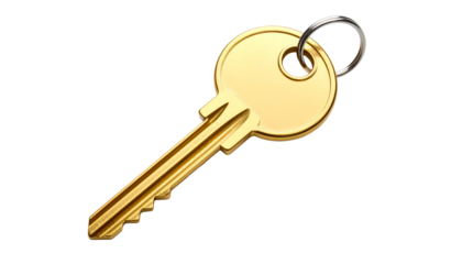 Golden key with key ring on transparent background representing security and access