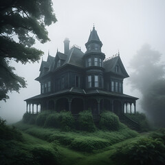 A haunting, dark house stands alone amidst fog and overgrown vegetation, evoking a sense of mystery and eeriness