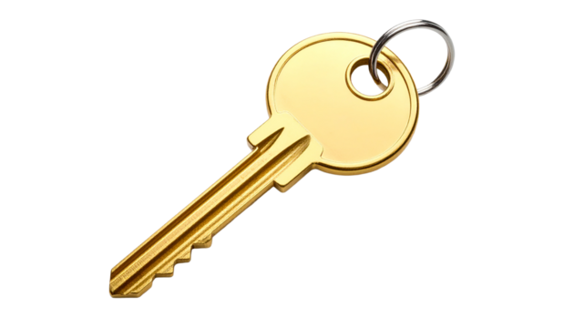 Golden key with key ring on transparent background representing security and access