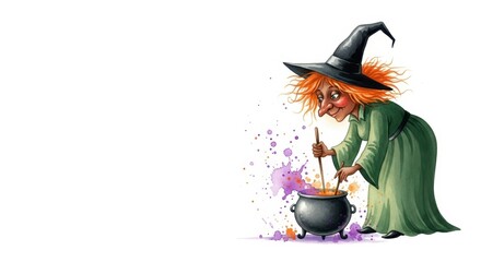 Charming witch stirring potion in cauldron for halloween celebration design
