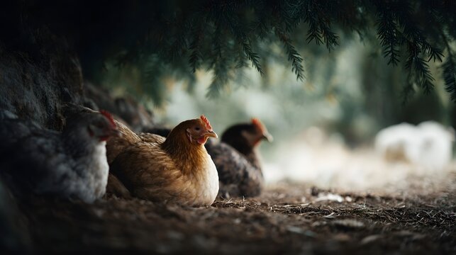 Chickens resting under the shade of a tree - Powered by Adobe