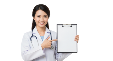Smiling Asian Female Doctor Presenting Blank Clipboard with Copy Space