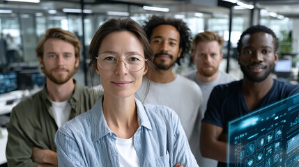 Diverse business team in a modern glass office, mixed genders and ethnicities, working with futuristic holographic interface, teamwork and innovation concept, professional corporate style
