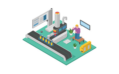Isometric View of Automated Bottling Line with Operator Monitoring Production; Efficient Production and Quality Assurance for the Bottling Industry, Automated Conveyor System