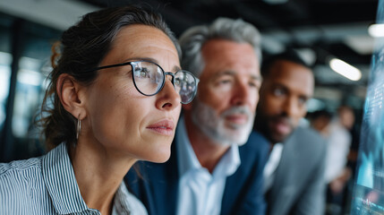 Diverse business team in a modern glass office, mixed genders and ethnicities, working with futuristic holographic interface, teamwork and innovation concept, professional corporate style