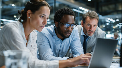 Diverse business team in a modern glass office, mixed genders and ethnicities, working with futuristic holographic interface, teamwork and innovation concept, professional corporate style