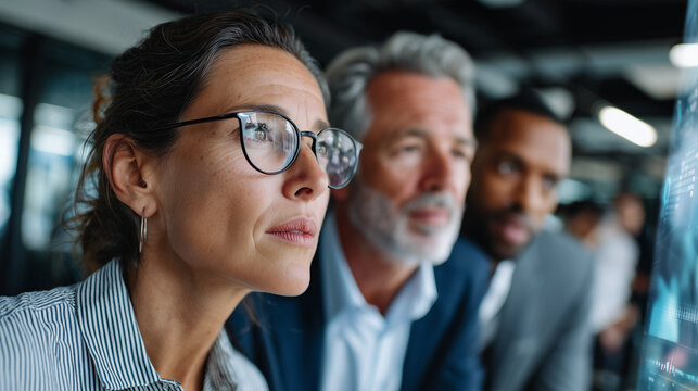 Diverse business team in a modern glass office, mixed genders and ethnicities, working with futuristic holographic interface, teamwork and innovation concept, professional corporate style