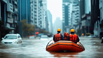 Flood, devastated, natural disaster. Aerial view of a flooded urban street with tall buildings, including skyscrapers, and a boat. The sky is overcast, suggesting a cloudy day. - Powered by Adobe