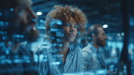 Diverse business team in a modern glass office, mixed genders and ethnicities, working with futuristic holographic interface, teamwork and innovation concept, professional corporate style