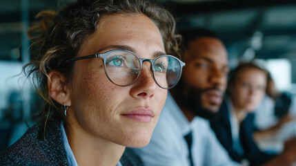 Diverse business team in a modern glass office, mixed genders and ethnicities, working with futuristic holographic interface, teamwork and innovation concept, professional corporate style