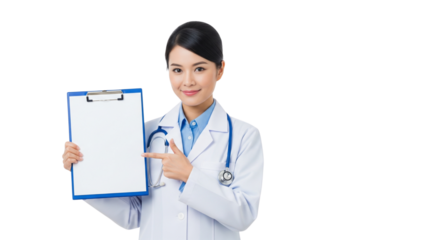Smiling Female Doctor Pointing to Blank Medical Clipboard with Copy Space