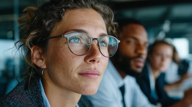 Diverse business team in a modern glass office, mixed genders and ethnicities, working with futuristic holographic interface, teamwork and innovation concept, professional corporate style - Powered by Adobe