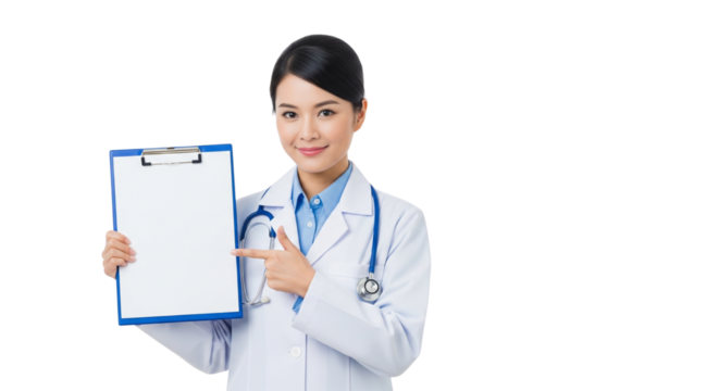 Smiling Female Doctor Pointing to Blank Medical Clipboard with Copy Space