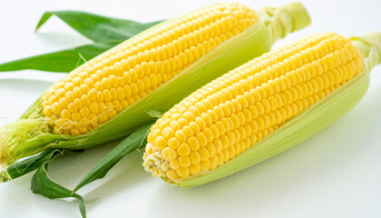 Two fresh ears of vibrant yellow sweet corn with green husks, showcasing a healthy harvest on a clean white background, ready for culinary use and consumption.