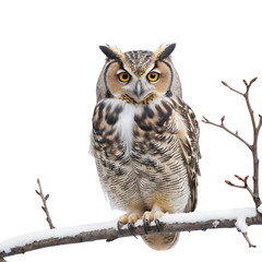 Naklejka premium Majestic Great Horned Owl Perched on Snowy Branch in Winter