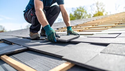 Skilled roofer diligently installing new durable slate tiles on a residential roof under a clear blue sky, ensuring quality craftsmanship for a sturdy home.