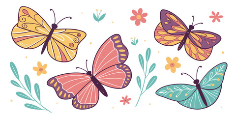A colorful seamless pattern featuring flying butterflies and decorative flowers is an ideal design for a spring or summer background