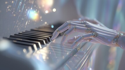 futuristic hand of a robot playing piano with glowing light dreamy fantasy theme 