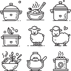Lamb Stew black Line Editable Icons set
