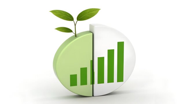 Split circle with sprouting plant and rising bar graph – Sustainability meets growth, eco-financial balance, green business concept, environmental progress, data-driven development, symbolic harmony