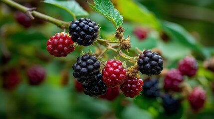 blackberry on branch with green lush background