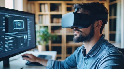 Man wearing vr headset looking at computer screen.