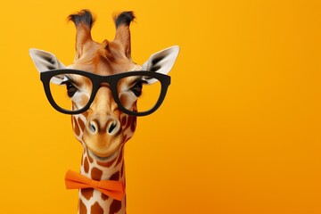 Close up of a giraffe in glasses against a clean background with space for text or graphics