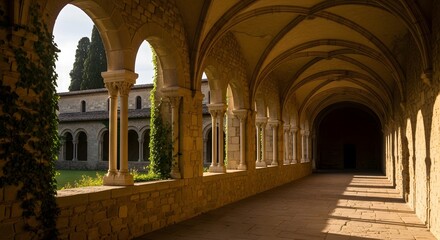 Obraz premium Photo of sunlit stone cloister walkway with arches and a view of a historic building and garden