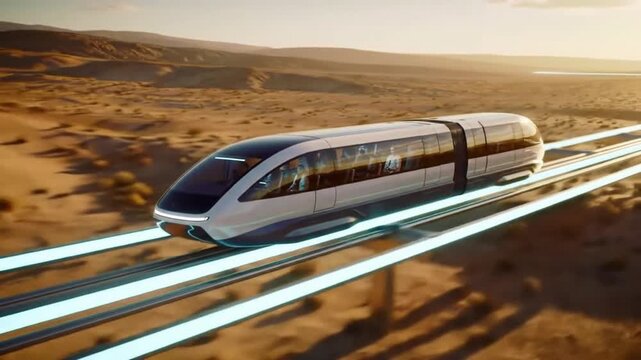 A futuristic high-speed maglev train glides on glowing tracks across a vast desert landscape during a golden sunset.
