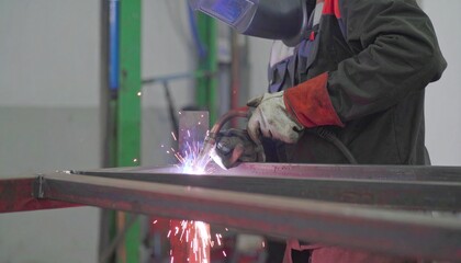 Man Industrial welding worker using a torch on metal in a factory setting, creating strong metal bonds.