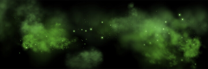 Green space realistic nebula smoke background. Abstract fog texture and shining stars. Magic colorful galaxy with stardust. Abstract vector illustration © Elena