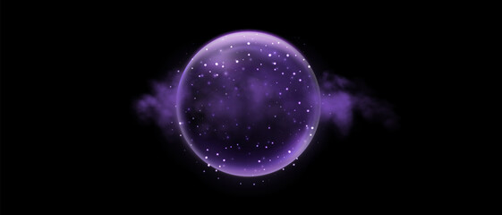 Purple magic fantasy sphere. Crystal ball with glowing sparkles and particles. Energy orb with glow flare light effect. Isolated on transparent background. Vector illustration.