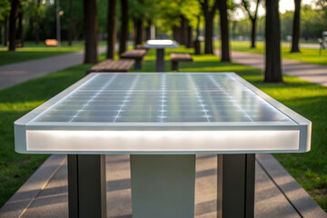 Outdoor solar table with transparent panels, modern design, clean lines, and illuminated edges in green park setting, providing sustainable energy and relaxing atmosphere