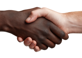 Close-up handshake between diverse individuals.  Diverse hands clasped in a friendly gesture.  Dark and light skin tones meet.  Focus on the hands,  with a neutral backdrop